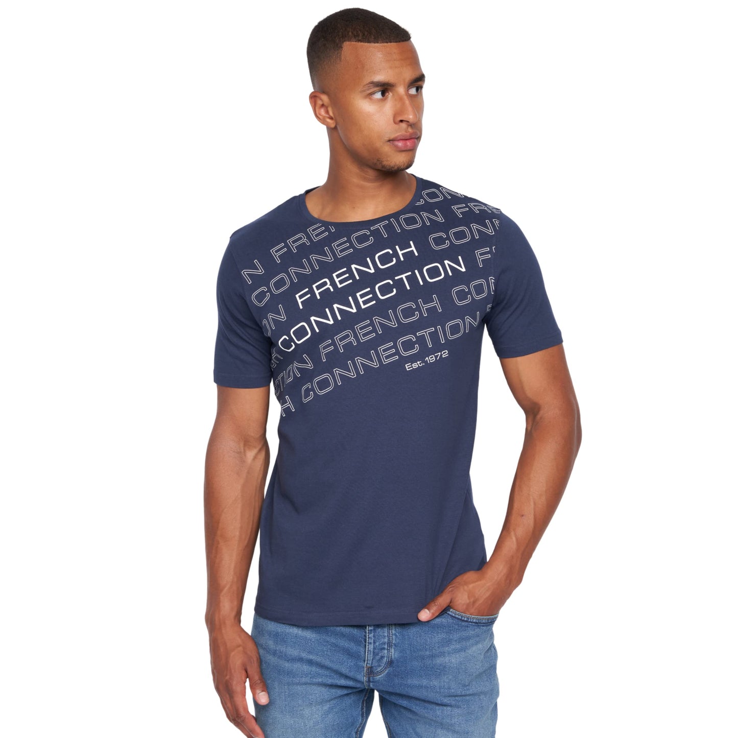 French Connection Mens Premium Half Sleeve Crew Neck T-Shirt with Letter Print Logo Design